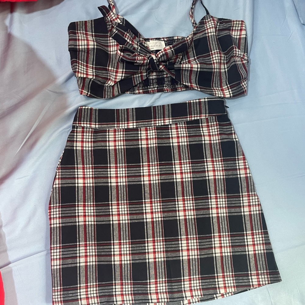 american threads two piece plaid skirt set